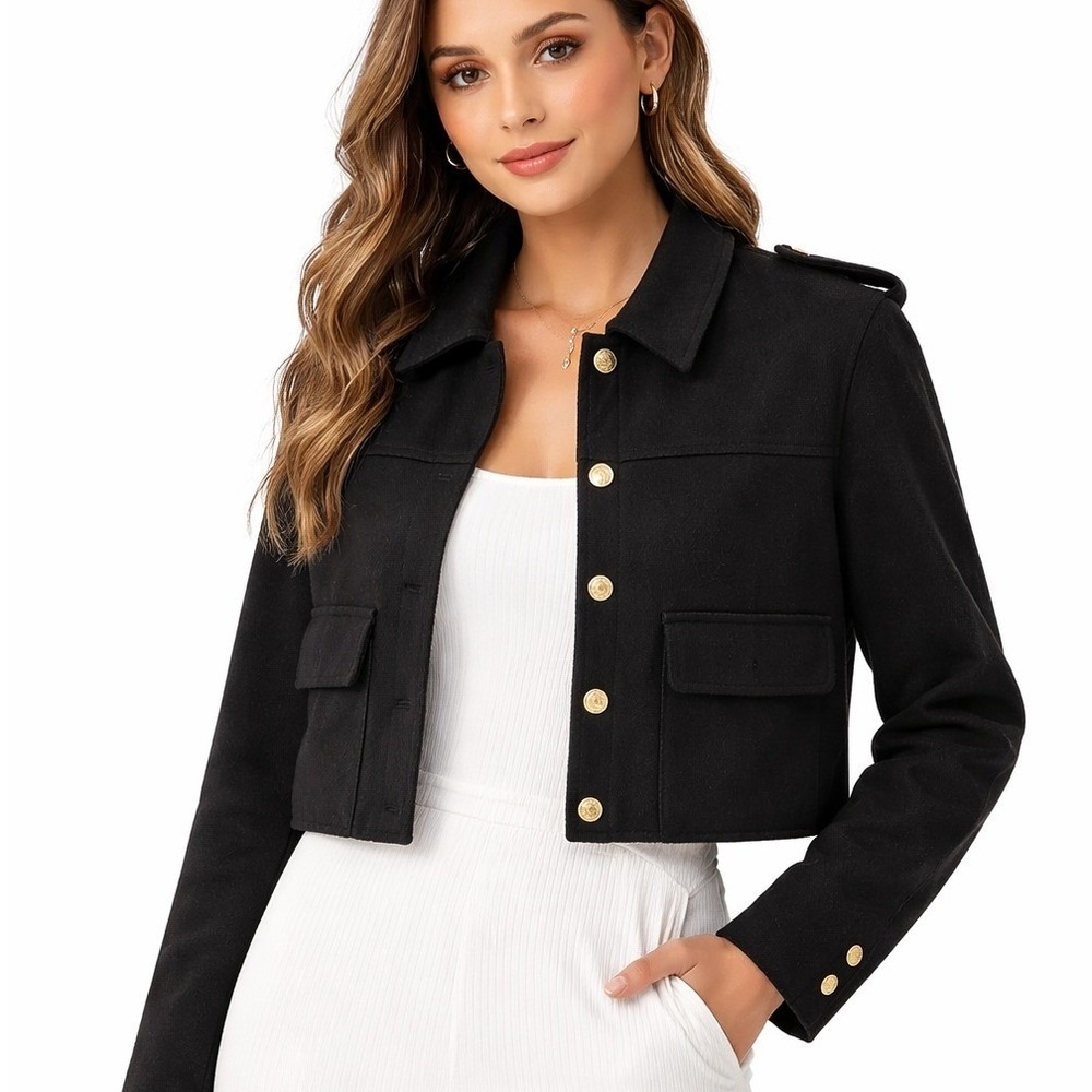 EDIT Jason Wu Womens Black Cropped Military Jacket Gold Buttons JE442007 Size 10 - Picture 3 of 7